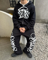 Hearujoy Hip Hop Letter Print Oversized Zip Up Hoodie Sweatpants Two Piece Set Y2K Clothes Tracksuit Men Casual Pants Tops Men Clothing